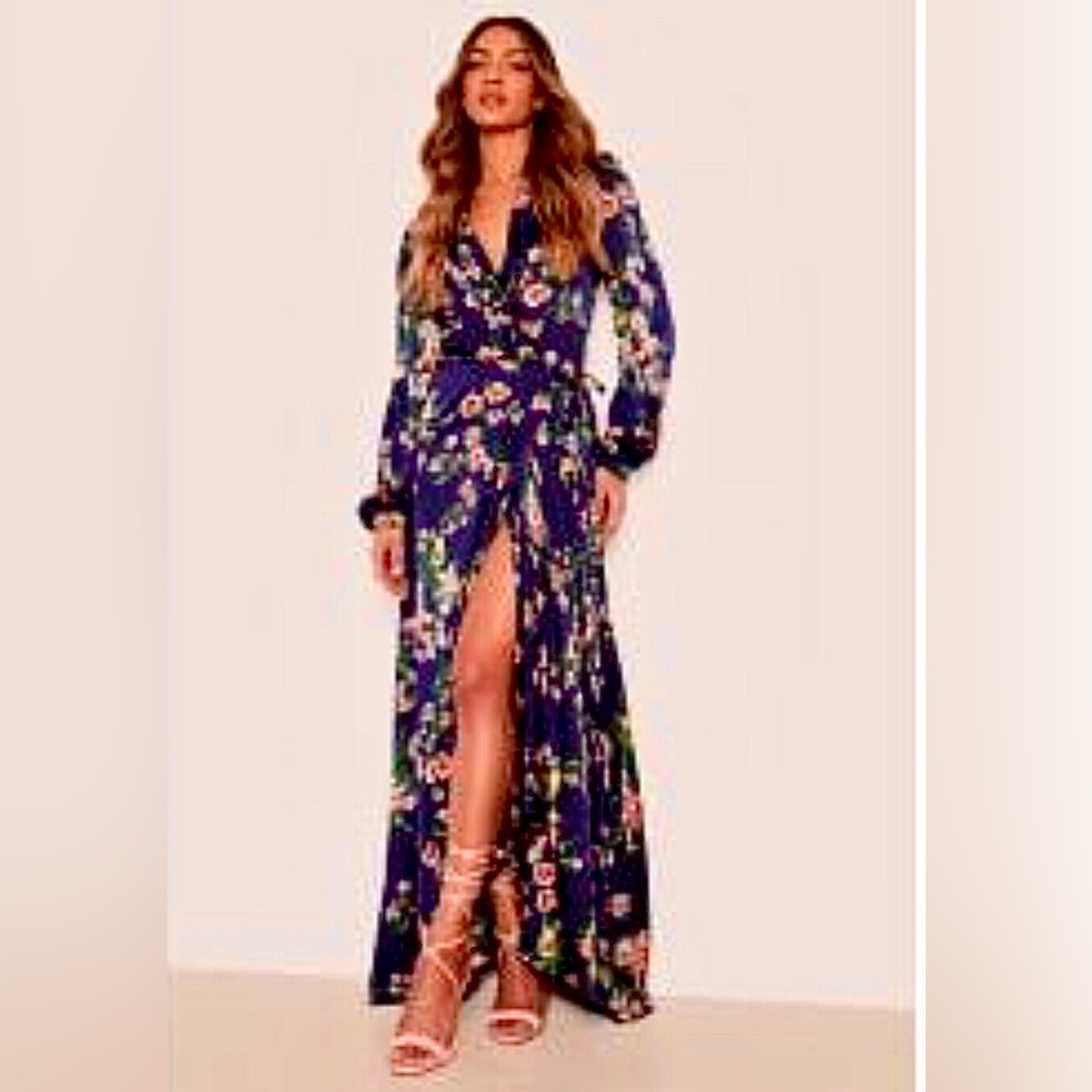 New GIANNI BINI Long Sleeve Teal Floral Chiffon Wrap Tie Maxi Dress L